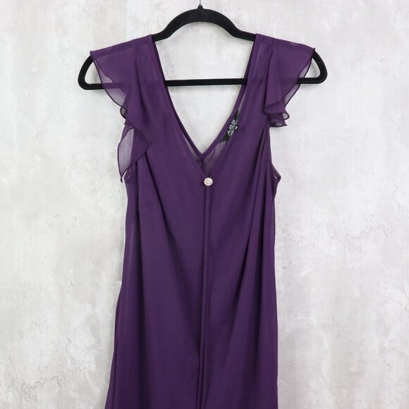 ABS By Allen Schwarts Dress Womens 14 Purple Sheer Flutter Sleeve Assymetrical‎ - Picture 2 of 7